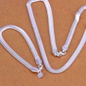 New Stamped 925 Silver Herringbone Bracelet Necklace Set